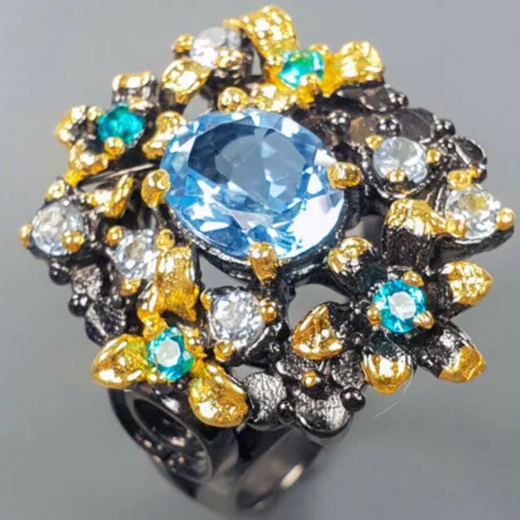 Stunning Genuine Blue Topaz Cz Ring